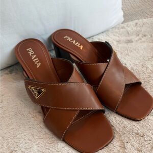 Authentic Prada Brown Leather Crisscross Slide Sandals